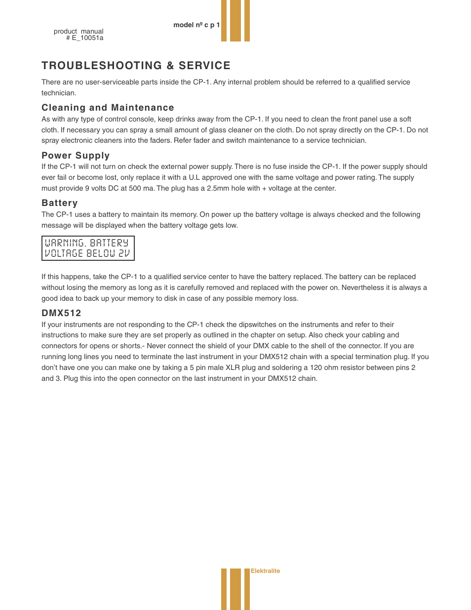 Troubleshooting & service, Cleaning and maintenance, Power supply | Battery, Dmx512 | elektraLite CP1 User Manual | Page 19 / 25