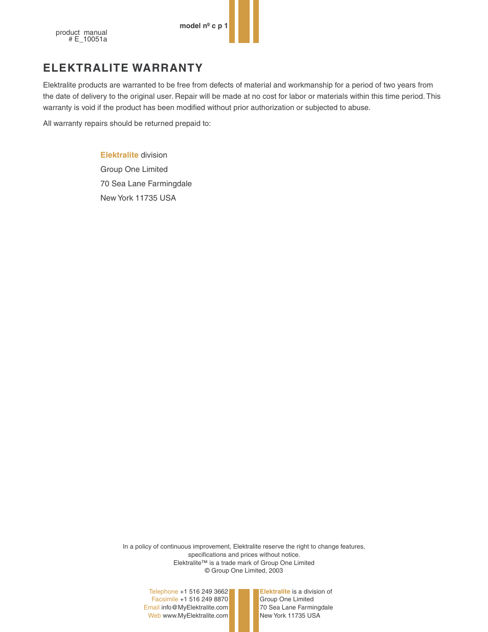 Elektralite warranty | elektraLite CP1 User Manual | Page 20 / 25