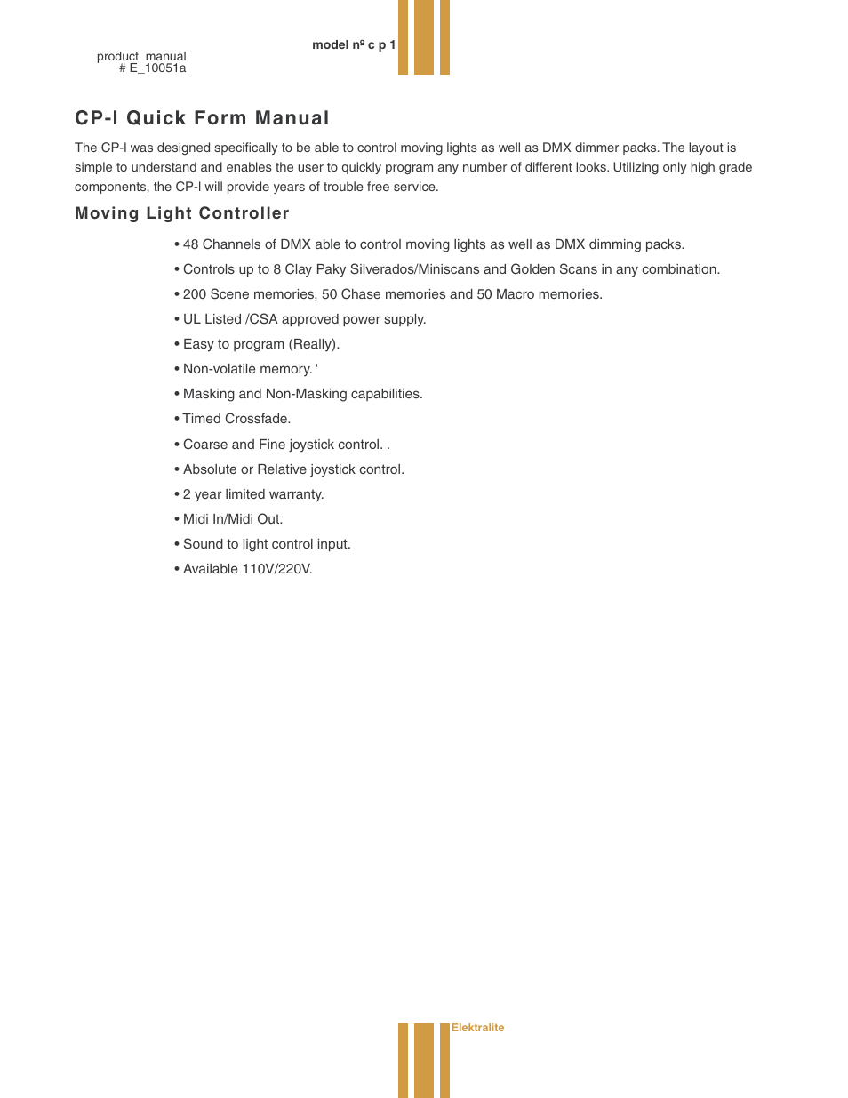 Cp-l quick form manual, Moving light controller | elektraLite CP1 User Manual | Page 21 / 25
