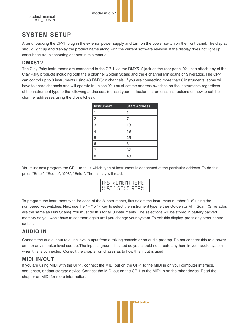 System setup, Dmx512, Midi in/out | elektraLite CP1 User Manual | Page 4 / 25