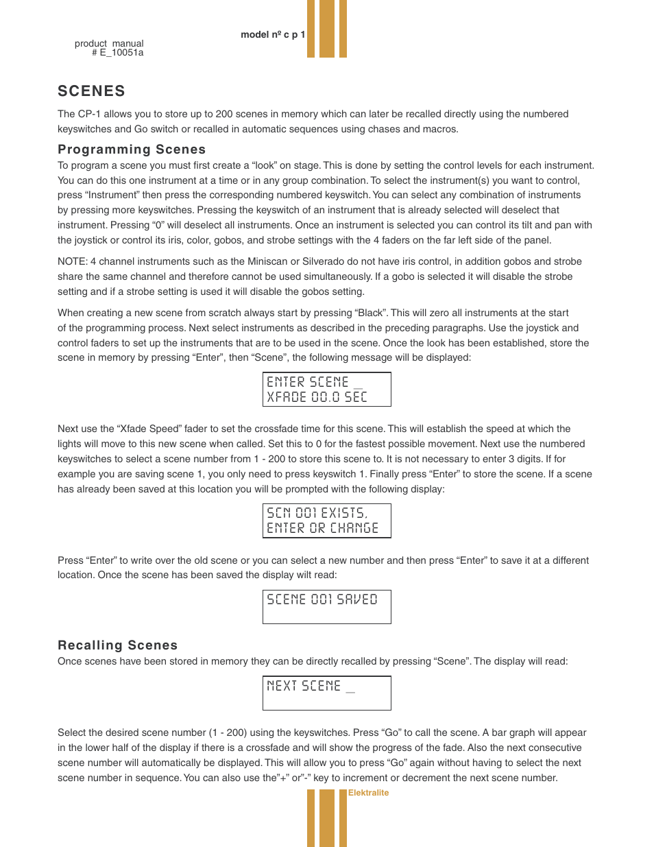 Scenes, Programming scenes, Recalling scenes | elektraLite CP1 User Manual | Page 5 / 25