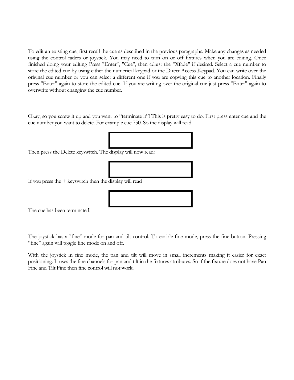 Editing cues, Deleting a cue, Fine pan and tilt | elektraLite CP20 User Manual | Page 10 / 55
