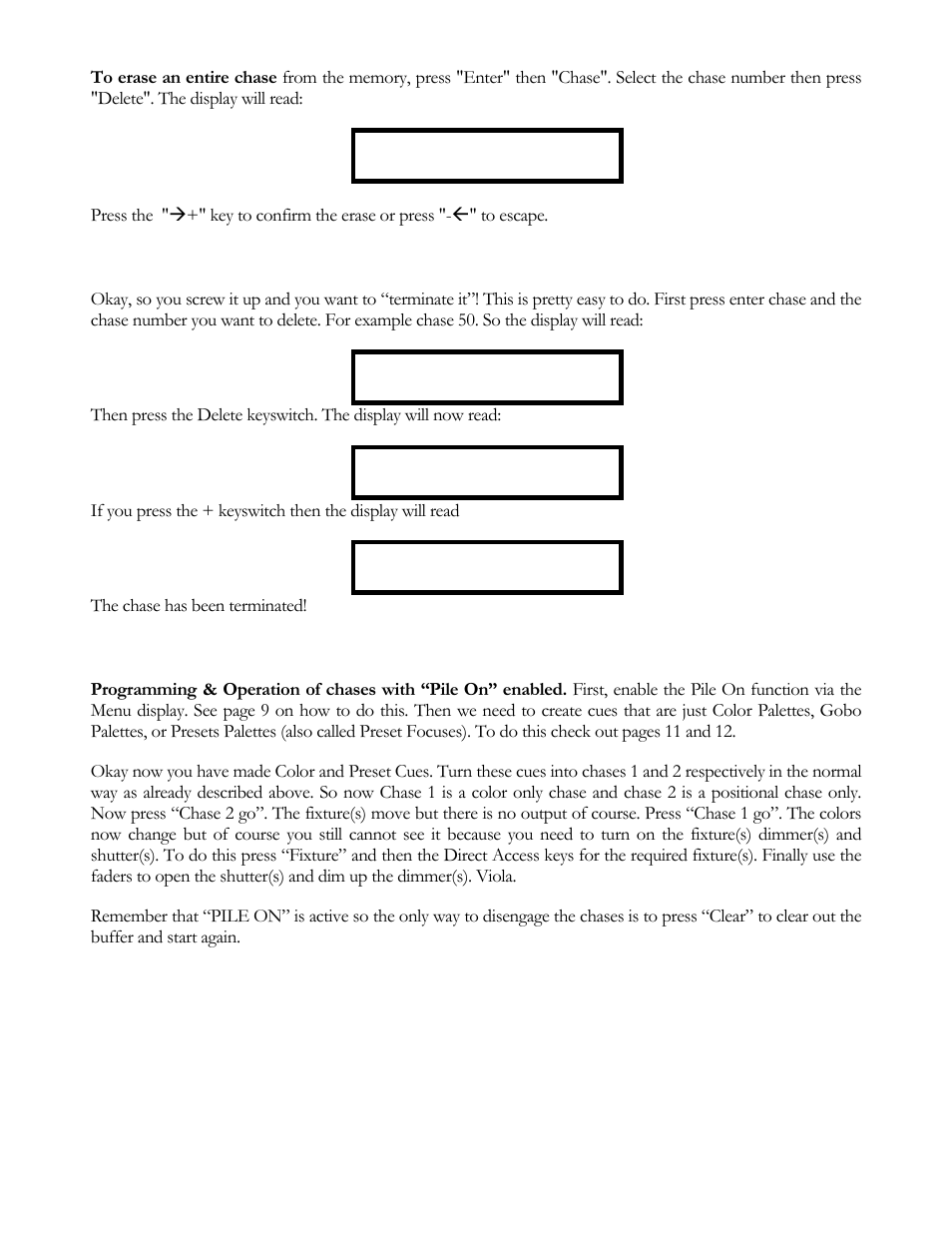 Deleting a chase, Pile-on | elektraLite CP20 User Manual | Page 19 / 55