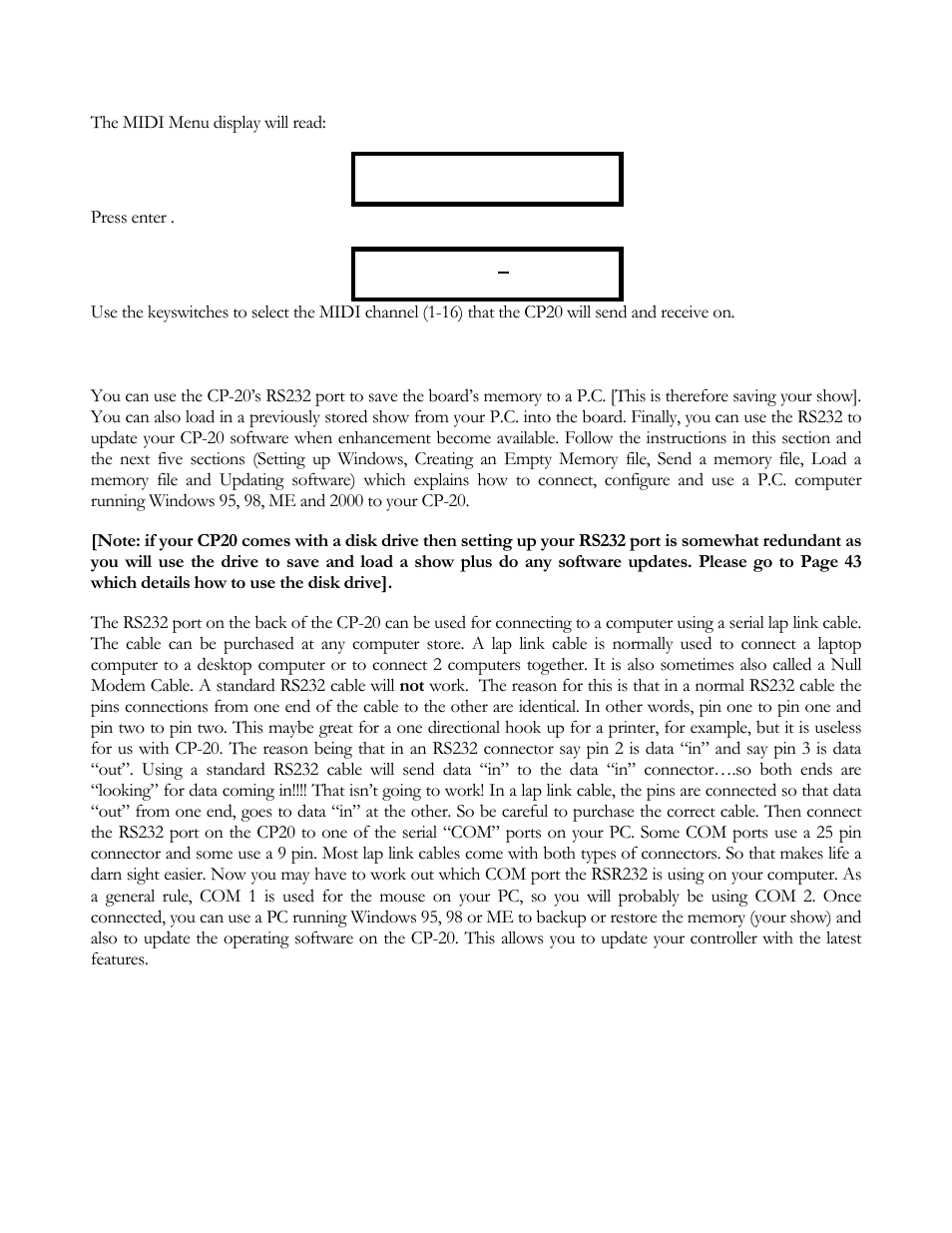 Midi channel, Setting up rs232 port | elektraLite CP20 User Manual | Page 40 / 55