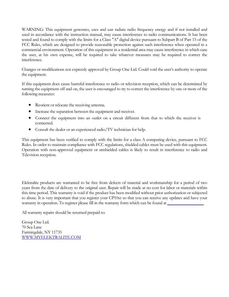 Elektralite warranty, Radio and tv interference | elektraLite CP20 User Manual | Page 53 / 55