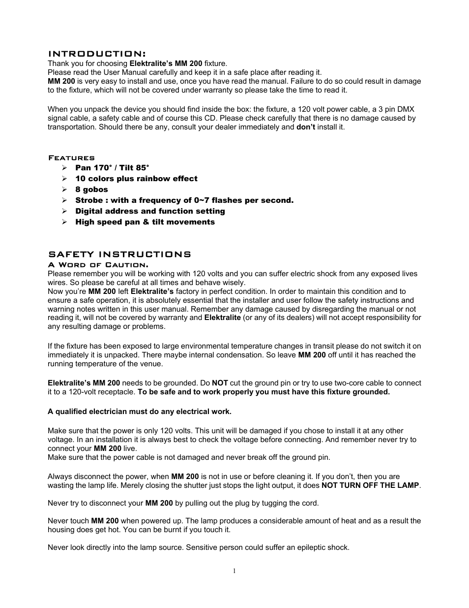 Introduction, Safety instructions | elektraLite MM 200 User Manual | Page 2 / 10