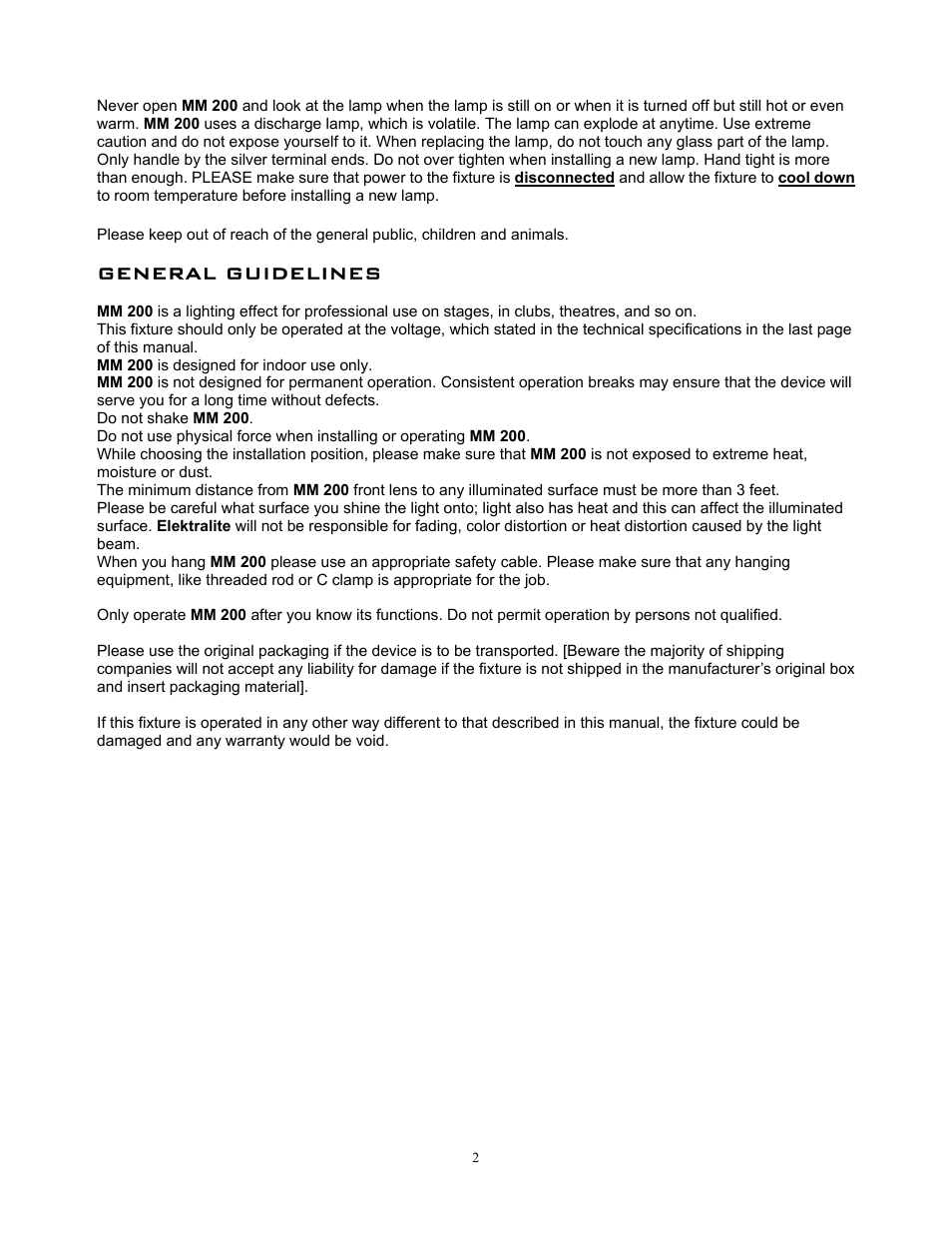 General guidelines | elektraLite MM 200 User Manual | Page 3 / 10