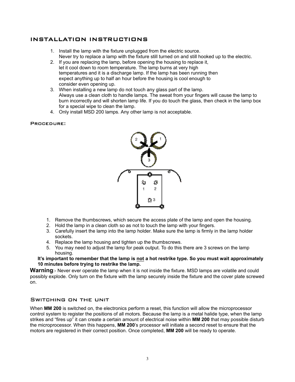 Installation instructions, Switching on the unit | elektraLite MM 200 User Manual | Page 4 / 10