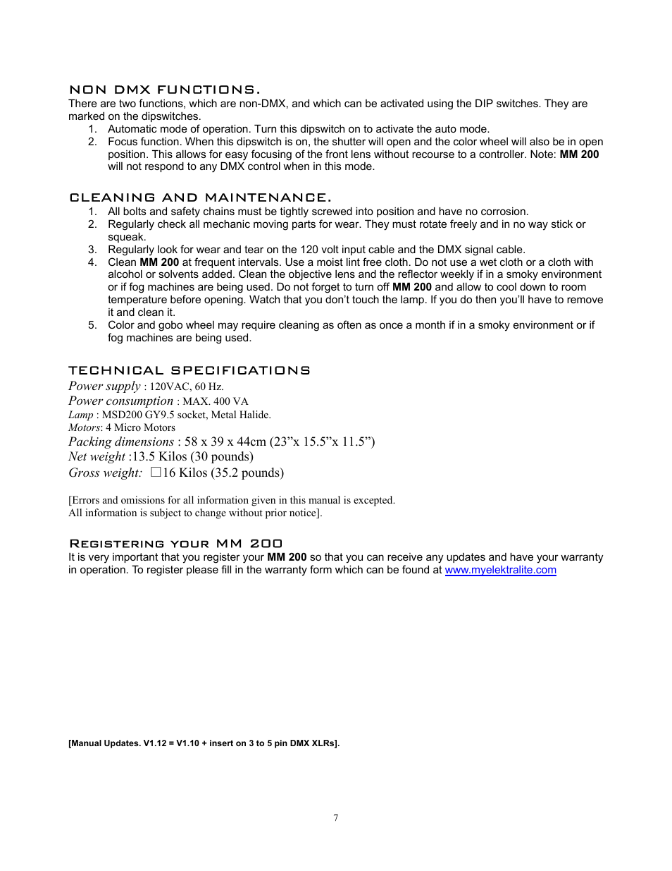 Non dmx functions, Cleaning and maintenance, Technical specifications | Registering your mm 200 | elektraLite MM 200 User Manual | Page 8 / 10