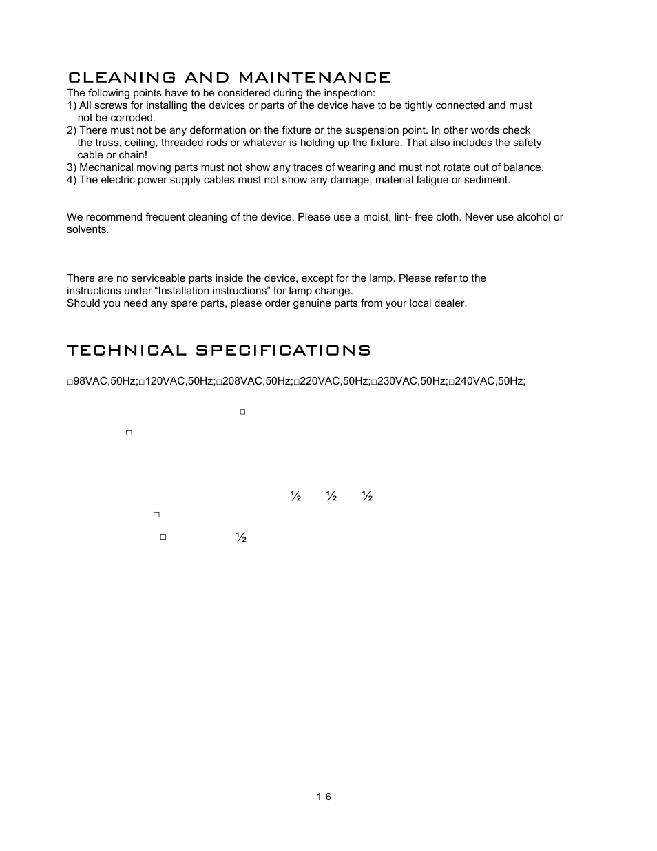 Cleaning and maintenance, Technical specifications | elektraLite MB 150 User Manual | Page 17 / 19