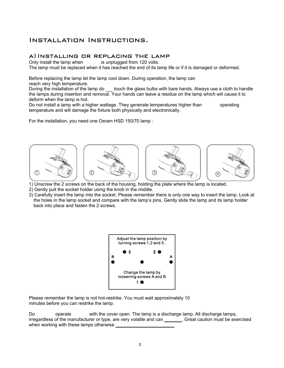 Installation instructions, A) installing or replacing the lamp, Procedure | elektraLite MM 150 User Manual | Page 4 / 19