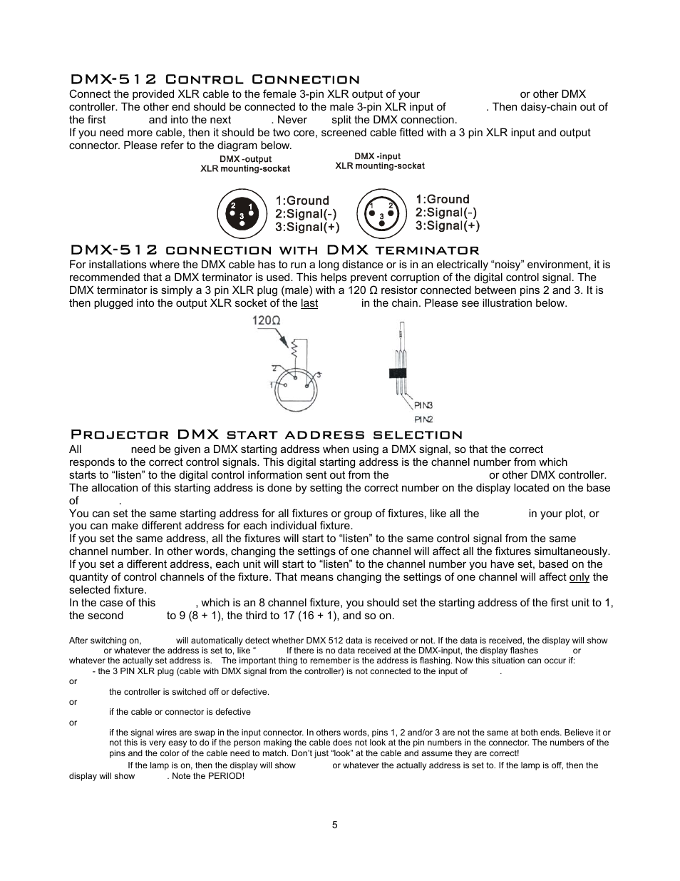Dmx-512 control connection, Dmx-512 connection with dmx terminator, Projector dmx start address selection | elektraLite MM 150 User Manual | Page 6 / 19