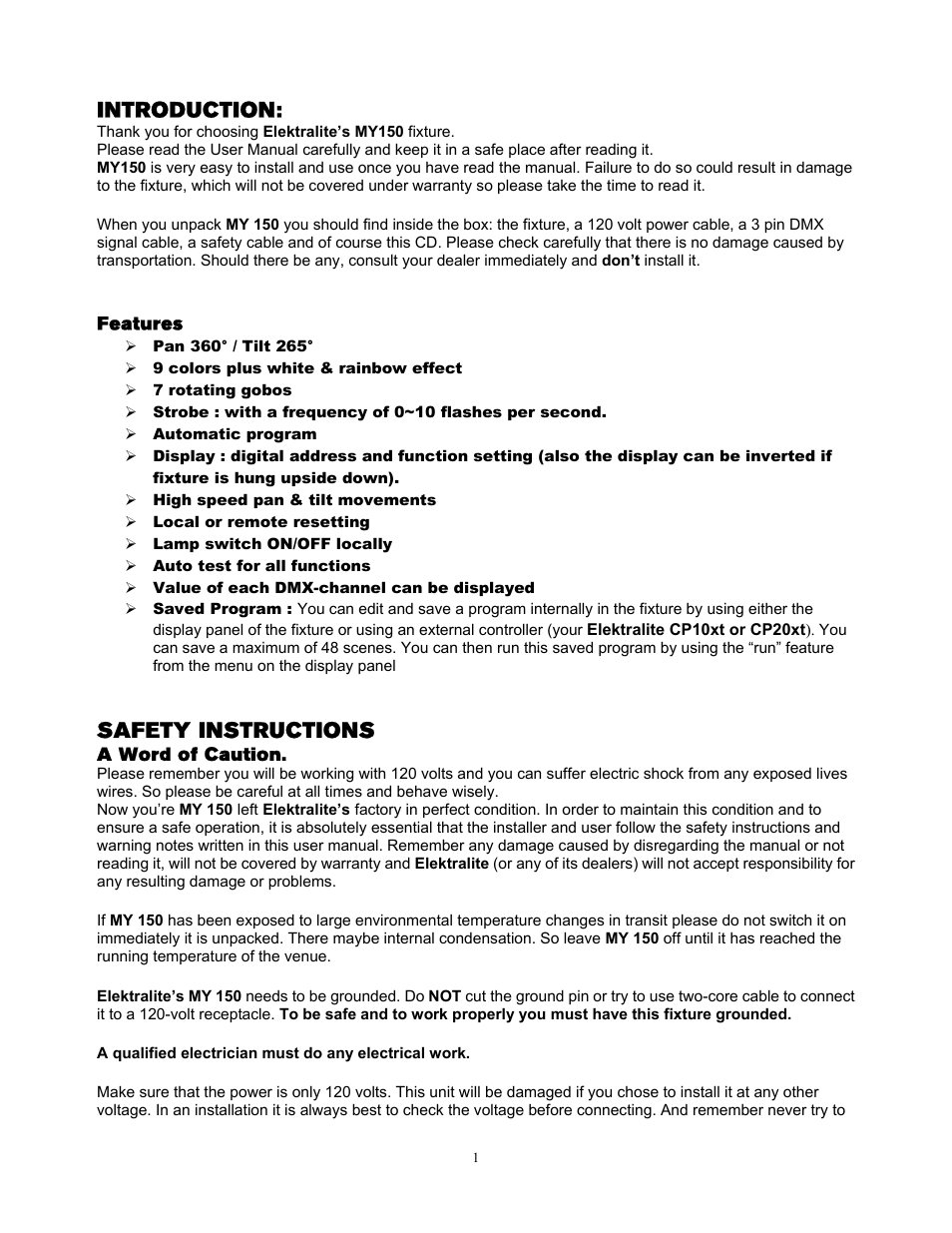 Introduction, Safety instructions | elektraLite MY 150 User Manual | Page 2 / 23