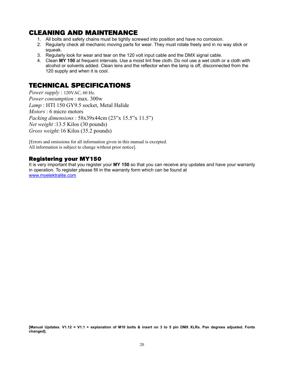 Cleaning and maintenance, Technical specifications | elektraLite MY 150 User Manual | Page 21 / 23