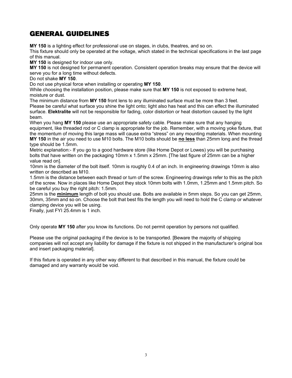 General guidelines | elektraLite MY 150 User Manual | Page 4 / 23