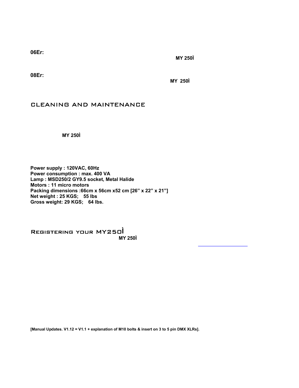 Cleaning and maintenance, Technical specifications, Registering your my250 ì | elektraLite MY 250I User Manual | Page 23 / 25