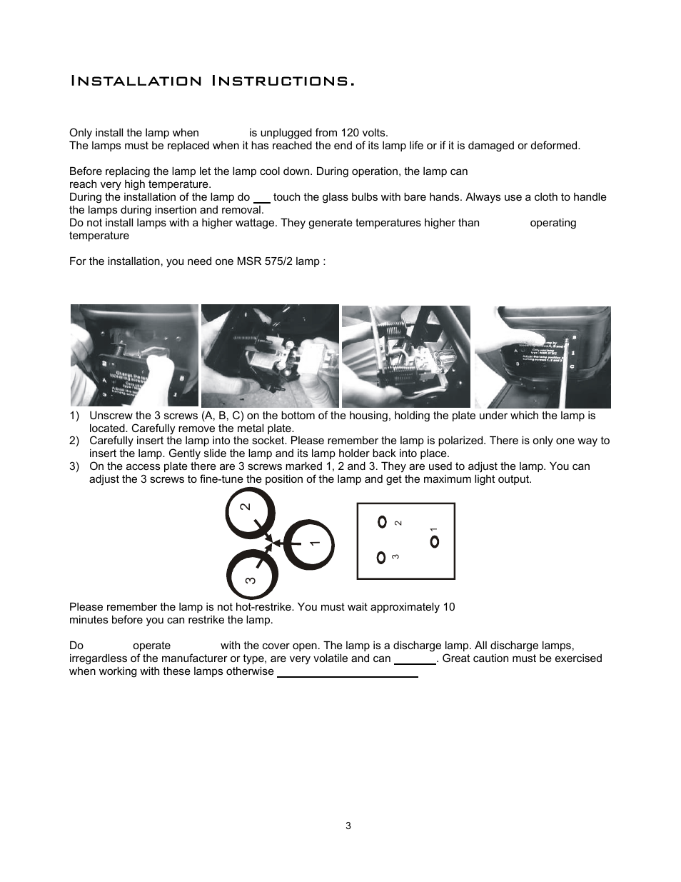 Installation instructions, A) installing or replacing the lamp, Procedure | elektraLite MY 575w User Manual | Page 4 / 24