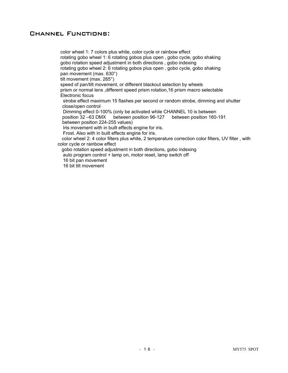 Channel functions | elektraLite Moving Yoke 120v Spot User Manual | Page 17 / 27