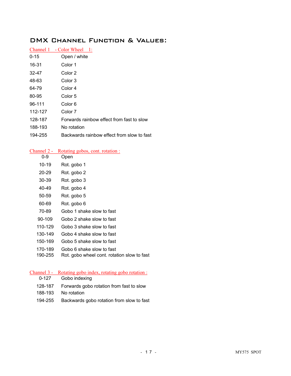 Dmx channel function & values | elektraLite Moving Yoke 120v Spot User Manual | Page 18 / 27