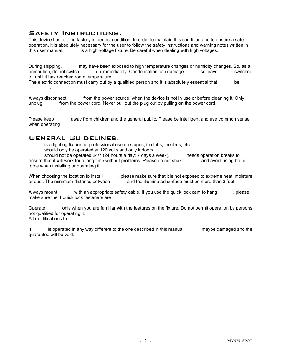 Safety instructions, General guidelines | elektraLite Moving Yoke 120v Spot User Manual | Page 3 / 27