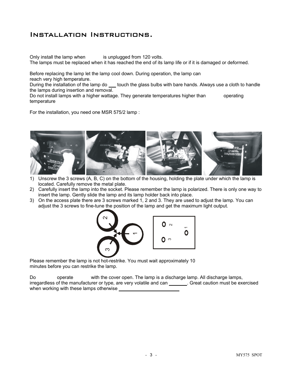 Installation instructions, A) installing or replacing the lamp, Procedure | elektraLite Moving Yoke 120v Spot User Manual | Page 4 / 27