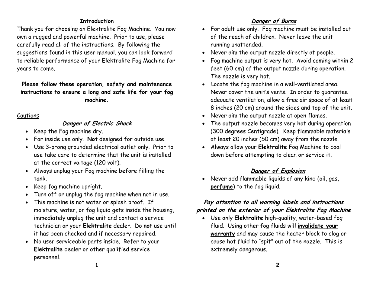 Cautions, Danger of electric shock, Danger of burns | Danger of explosion | elektraLite elektraHazer Haze/fog machine User Manual | Page 2 / 5