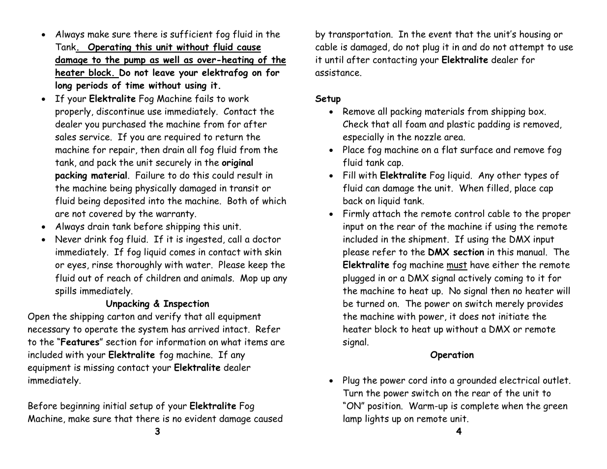 Unpacking & inspection, Setup, Operation | elektraLite elektraHazer Haze/fog machine User Manual | Page 3 / 5