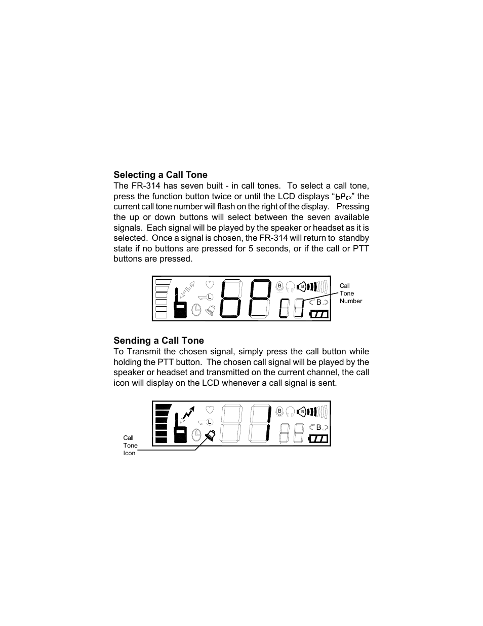 Selecting a call tone, Sending a call tone | Audiovox FR-314 User Manual | Page 20 / 30