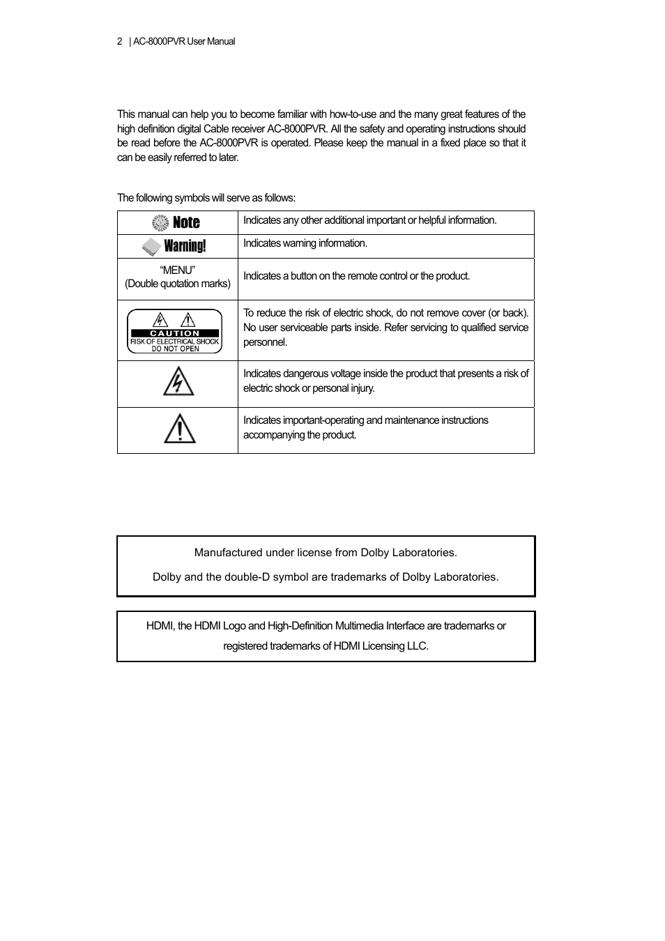 Notice | Ferguson AC 8000 PVR User Manual | Page 2 / 58