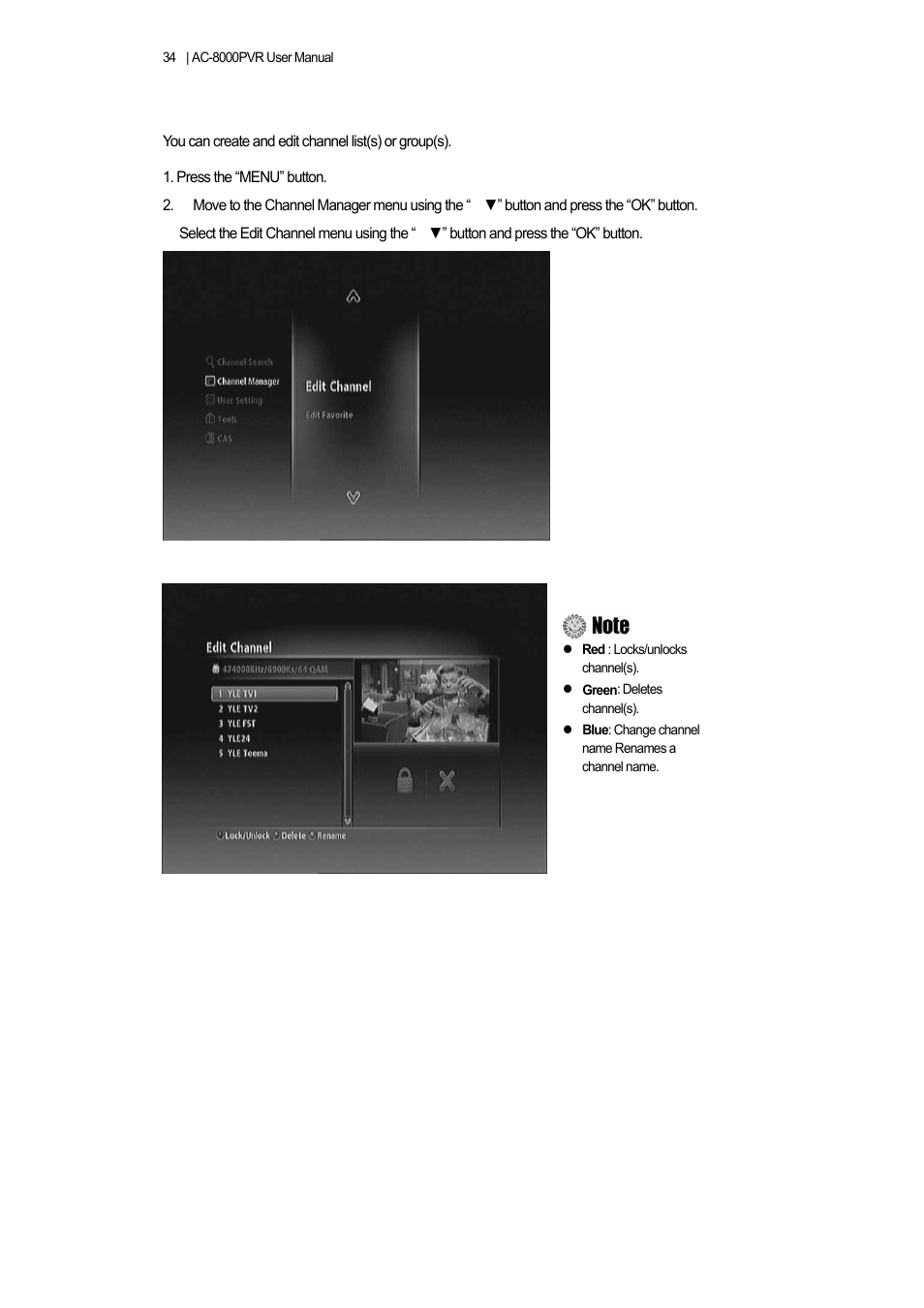 8 managing edit channel lists | Ferguson AC 8000 PVR User Manual | Page 34 / 58