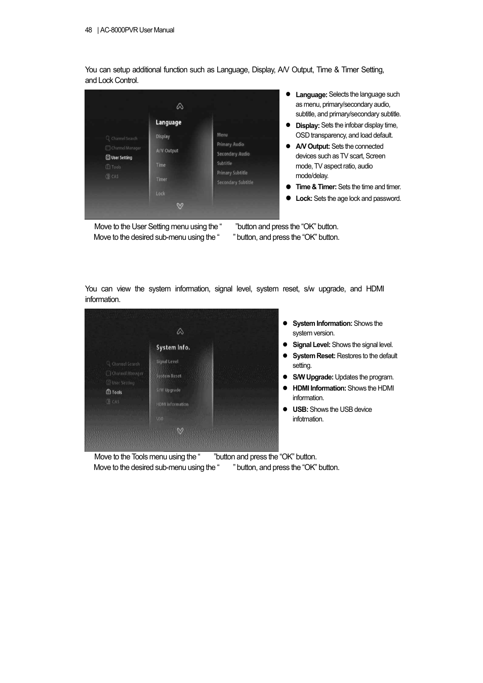 3 user setting, 4 tools | Ferguson AC 8000 PVR User Manual | Page 48 / 58