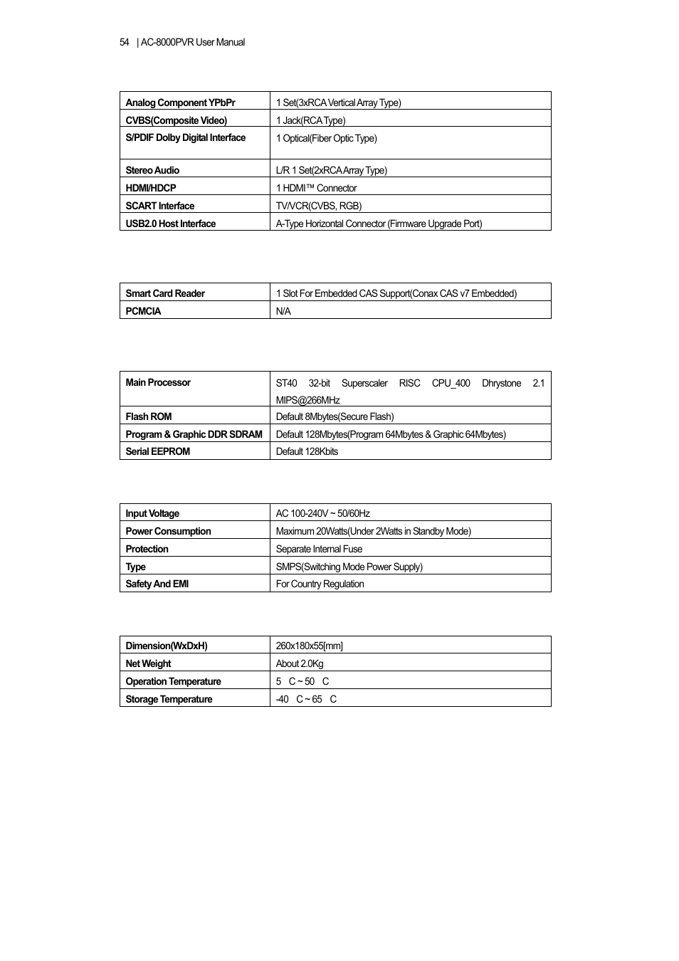 A/v and data output, Conditional access interface, System resource information | Power supply, Physical specification | Ferguson AC 8000 PVR User Manual | Page 54 / 58