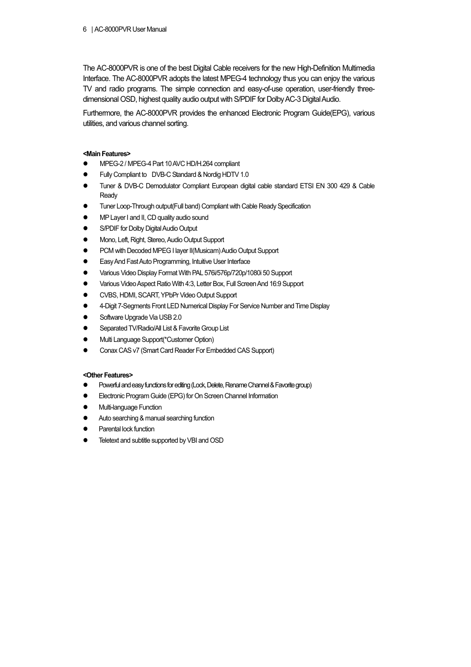 1 features | Ferguson AC 8000 PVR User Manual | Page 6 / 58