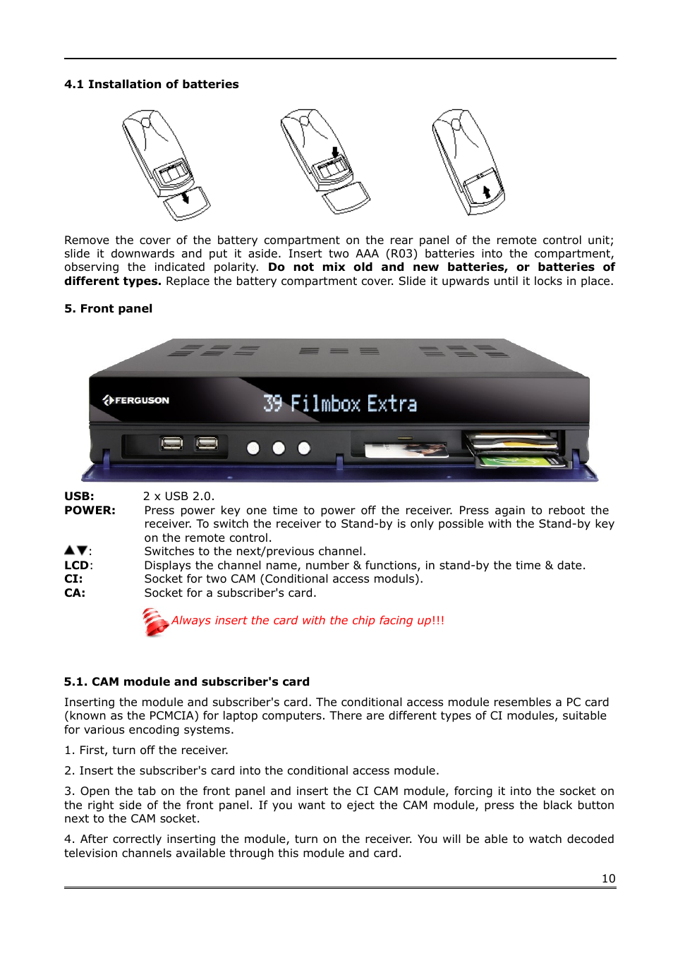 1 installation of batteries, Front panel, Cam module and subscriber's card | Ferguson Ariva Link TT User Manual | Page 10 / 39