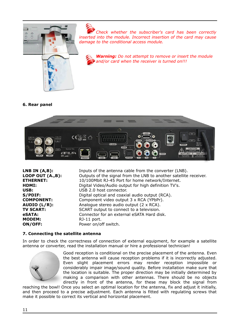 Rear panel, Connecting the satellite antenna | Ferguson Ariva Link TT User Manual | Page 11 / 39