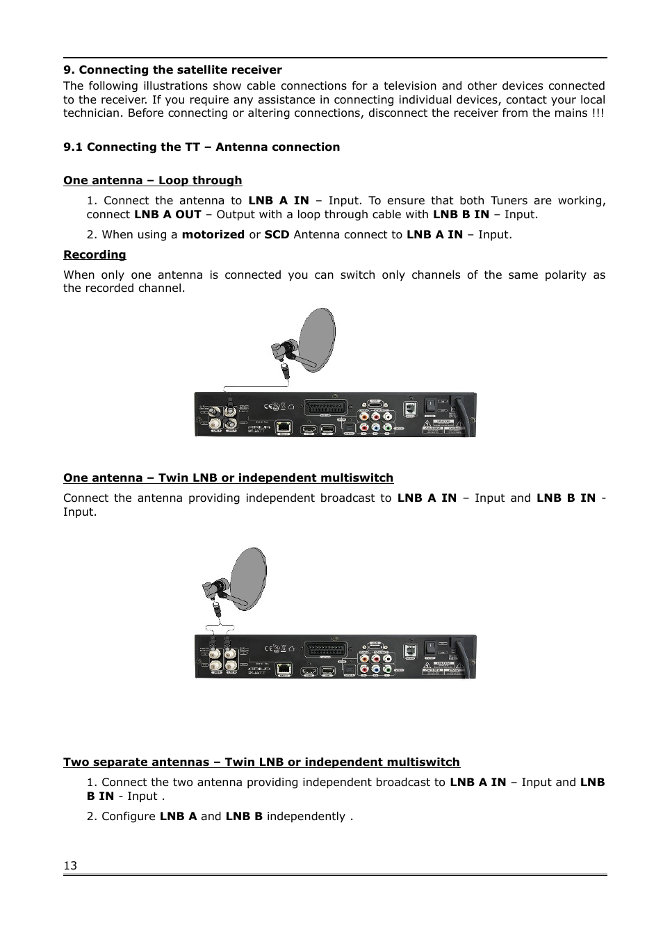 Connecting the satellite receiver, 1 connecting the tt – antenna connection, One antenna – loop through | One antenna – twin lnb or independent multiswitch | Ferguson Ariva Link TT User Manual | Page 13 / 39