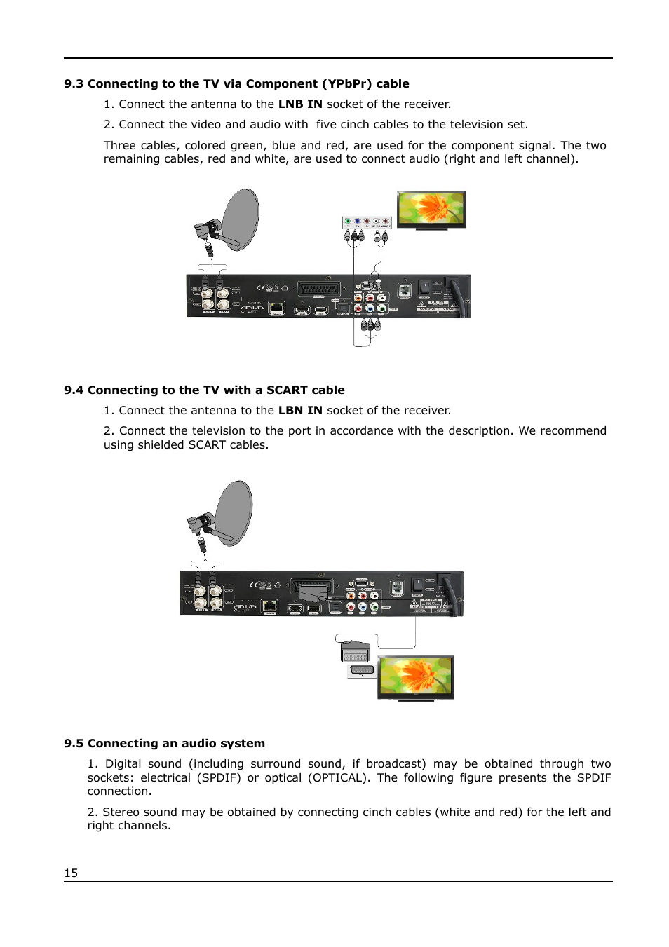 3 connecting to the tv via component (ypbpr) cable, 4 connecting to the tv with a scart cable, 5 connecting an audio system | Ferguson Ariva Link TT User Manual | Page 15 / 39