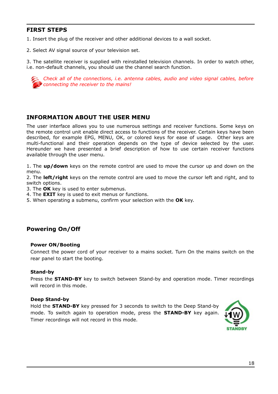 First steps, Information about the user menu, Powering on/off | Ferguson Ariva Link TT User Manual | Page 18 / 39