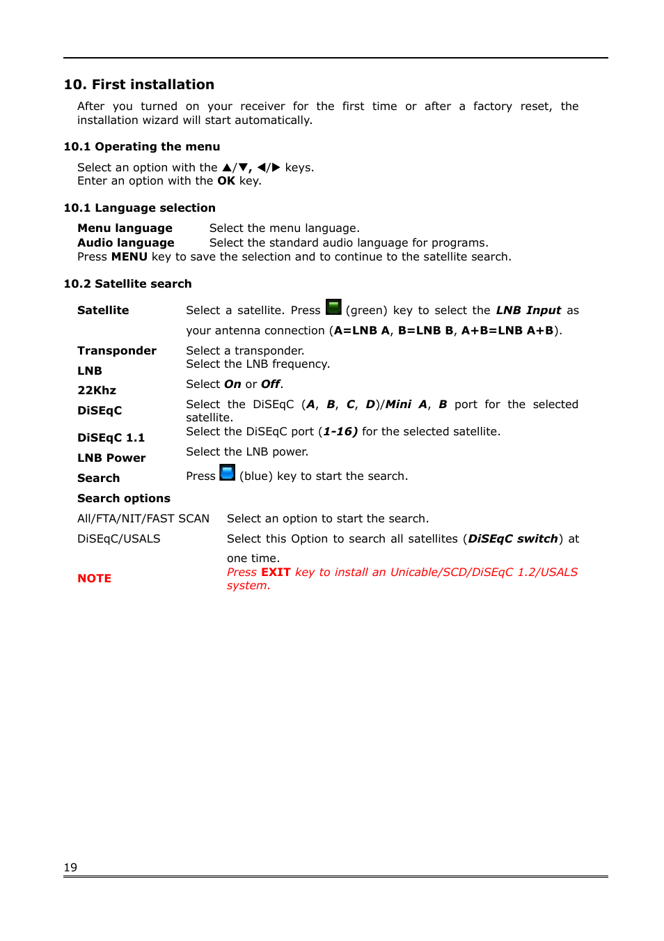 First installation, 1 operating the menu, 1 language selection | 2 satellite search | Ferguson Ariva Link TT User Manual | Page 19 / 39
