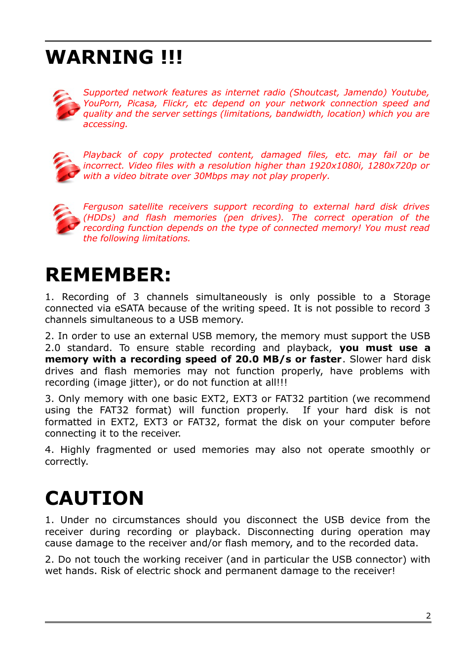 Warning, Remember, Caution | Ferguson Ariva Link TT User Manual | Page 2 / 39