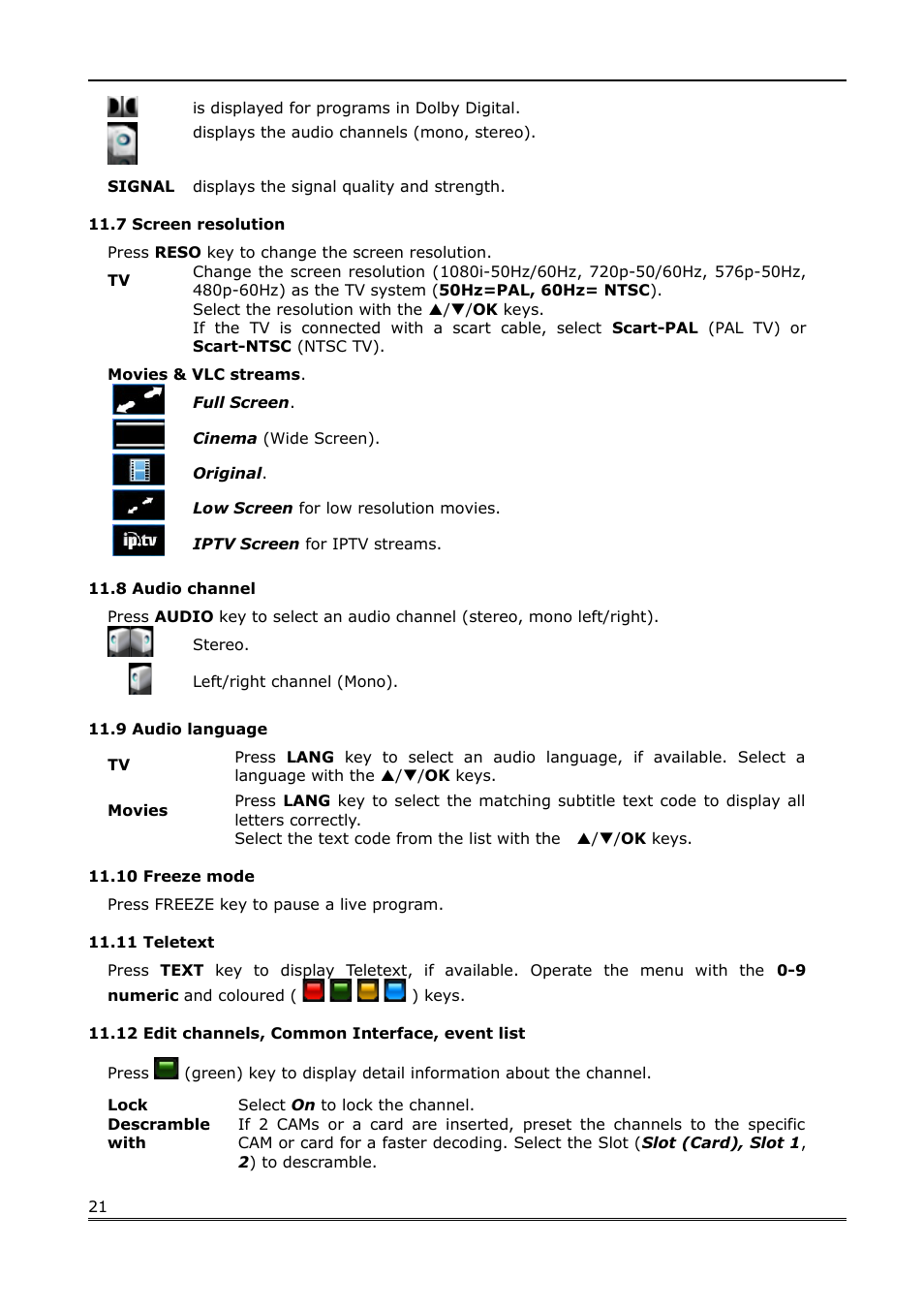 7 screen resolution, 8 audio channel, 9 audio language | 10 freeze mode, 11 teletext, 12 edit channels, common interface, event list | Ferguson Ariva Link TT User Manual | Page 21 / 39