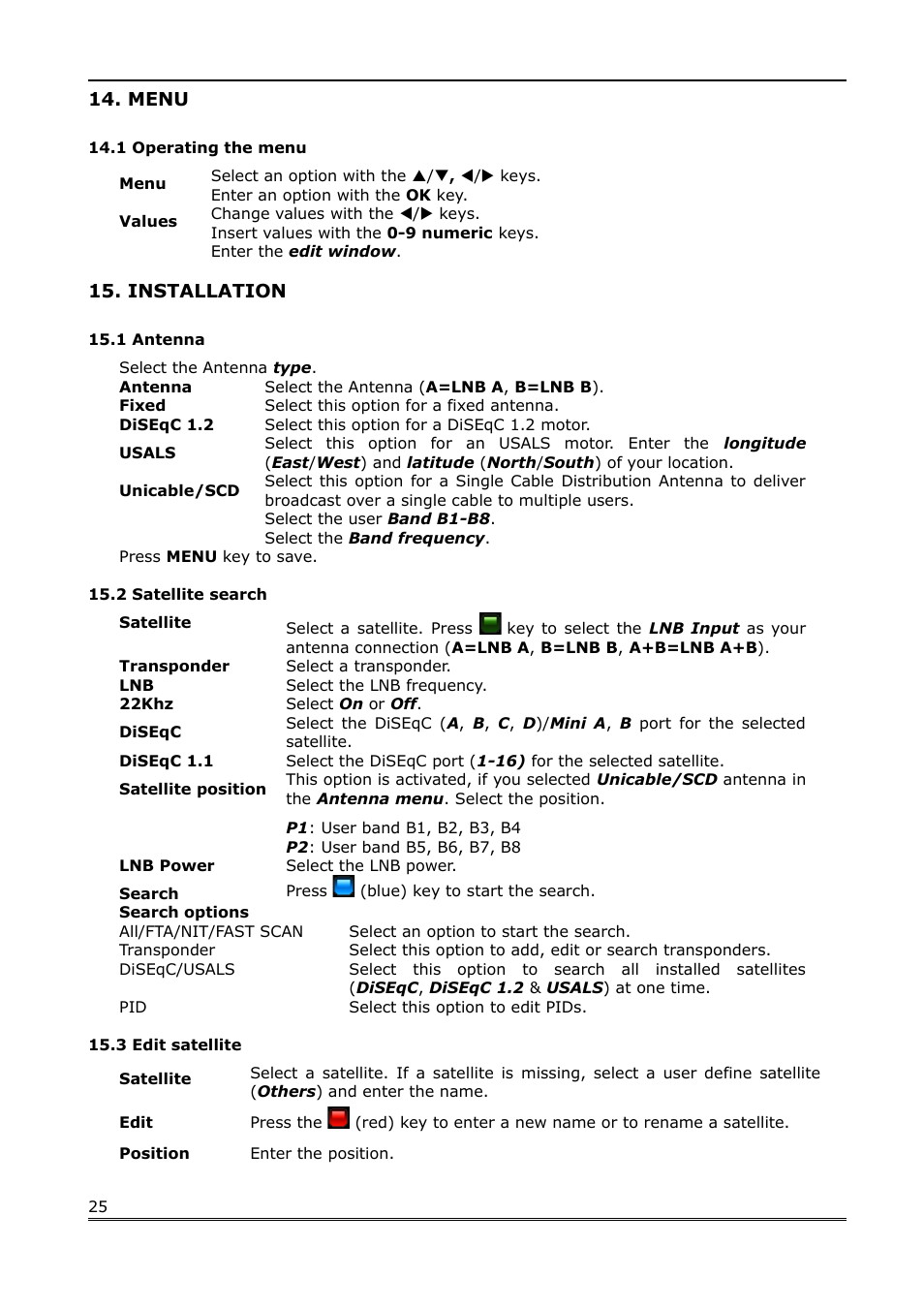 Menu, 1 operating the menu, Installation | 1 antenna, 2 satellite search, 3 edit satellite | Ferguson Ariva Link TT User Manual | Page 25 / 39