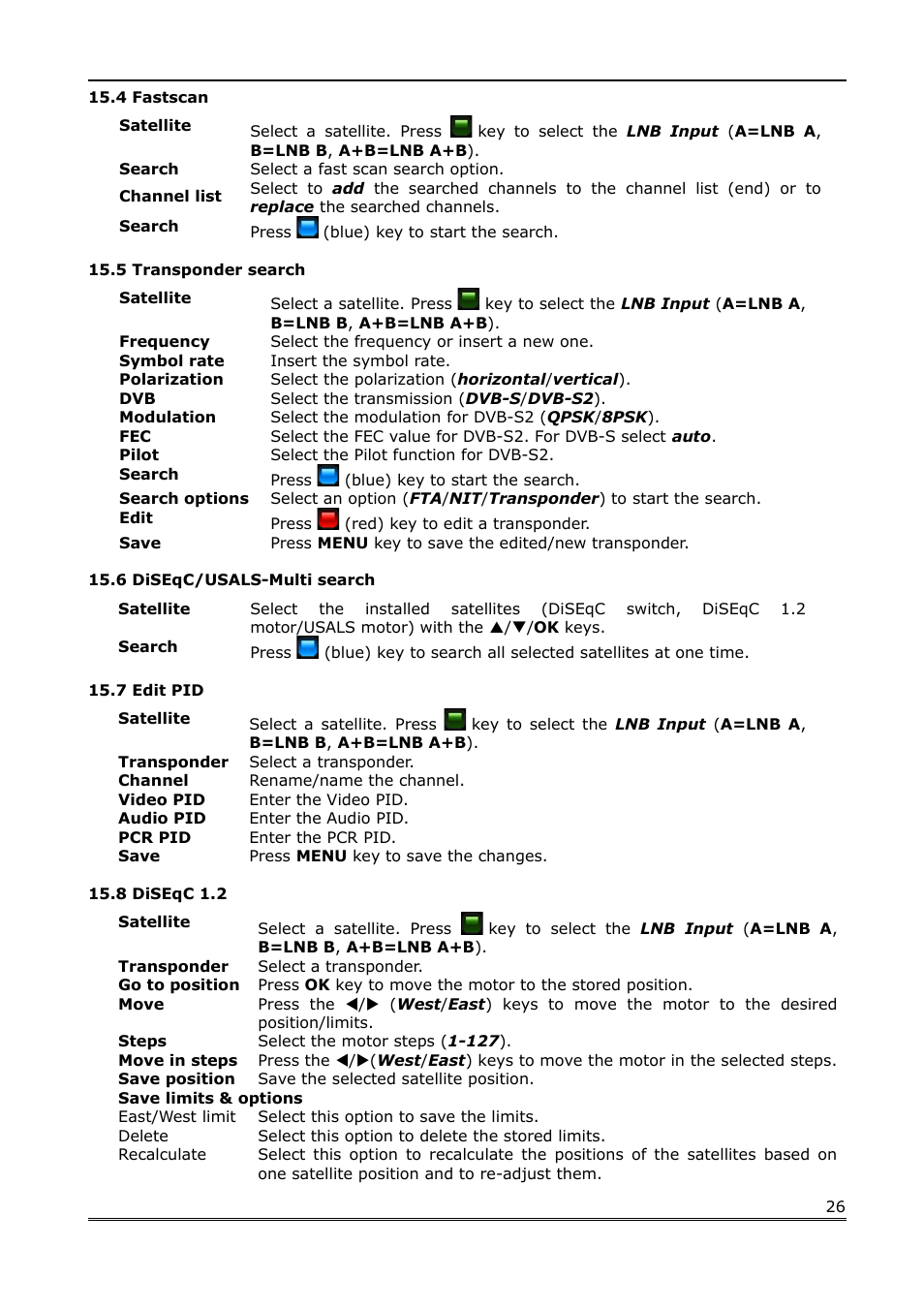 4 fastscan, 5 transponder search, 6 diseqc/usals-multi search | 7 edit pid, 8 diseqc 1.2 | Ferguson Ariva Link TT User Manual | Page 26 / 39