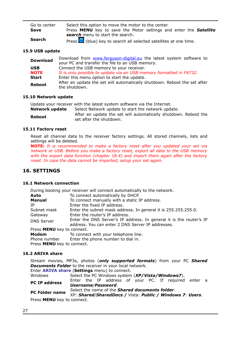 9 usb update, 10 network update, 11 factory reset | Settings, 1 network connection, 2 ariva share | Ferguson Ariva Link TT User Manual | Page 27 / 39
