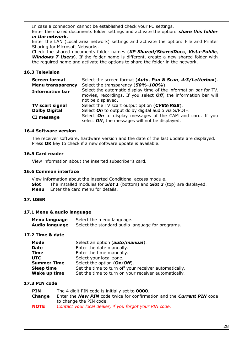 3 television, 4 software version, 5 card reader | 6 common interface, User, 1 menu & audio language, 2 time & date, 3 pin code | Ferguson Ariva Link TT User Manual | Page 28 / 39