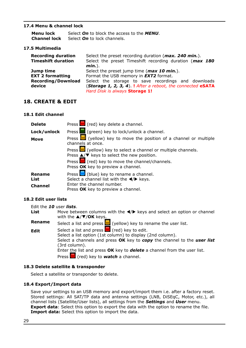 4 menu & channel lock, 5 multimedia, Create & edit | 1 edit channel, 2 edit user lists, 3 delete satellite & transponder, 4 export/import data | Ferguson Ariva Link TT User Manual | Page 29 / 39