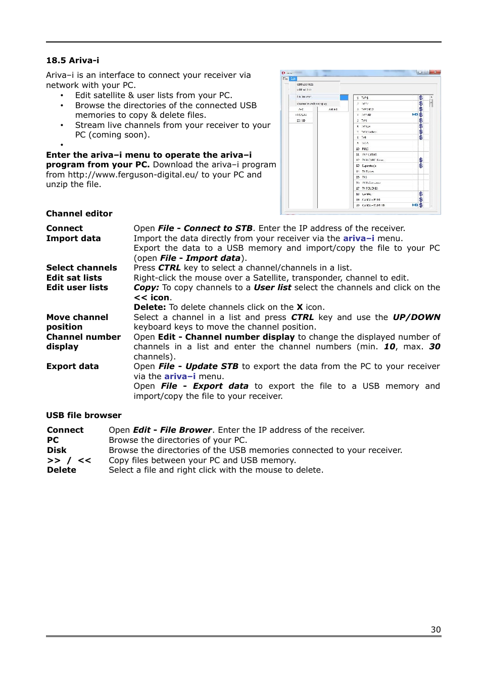 5 ariva-i, Channel editor, Usb file browser | Ferguson Ariva Link TT User Manual | Page 30 / 39