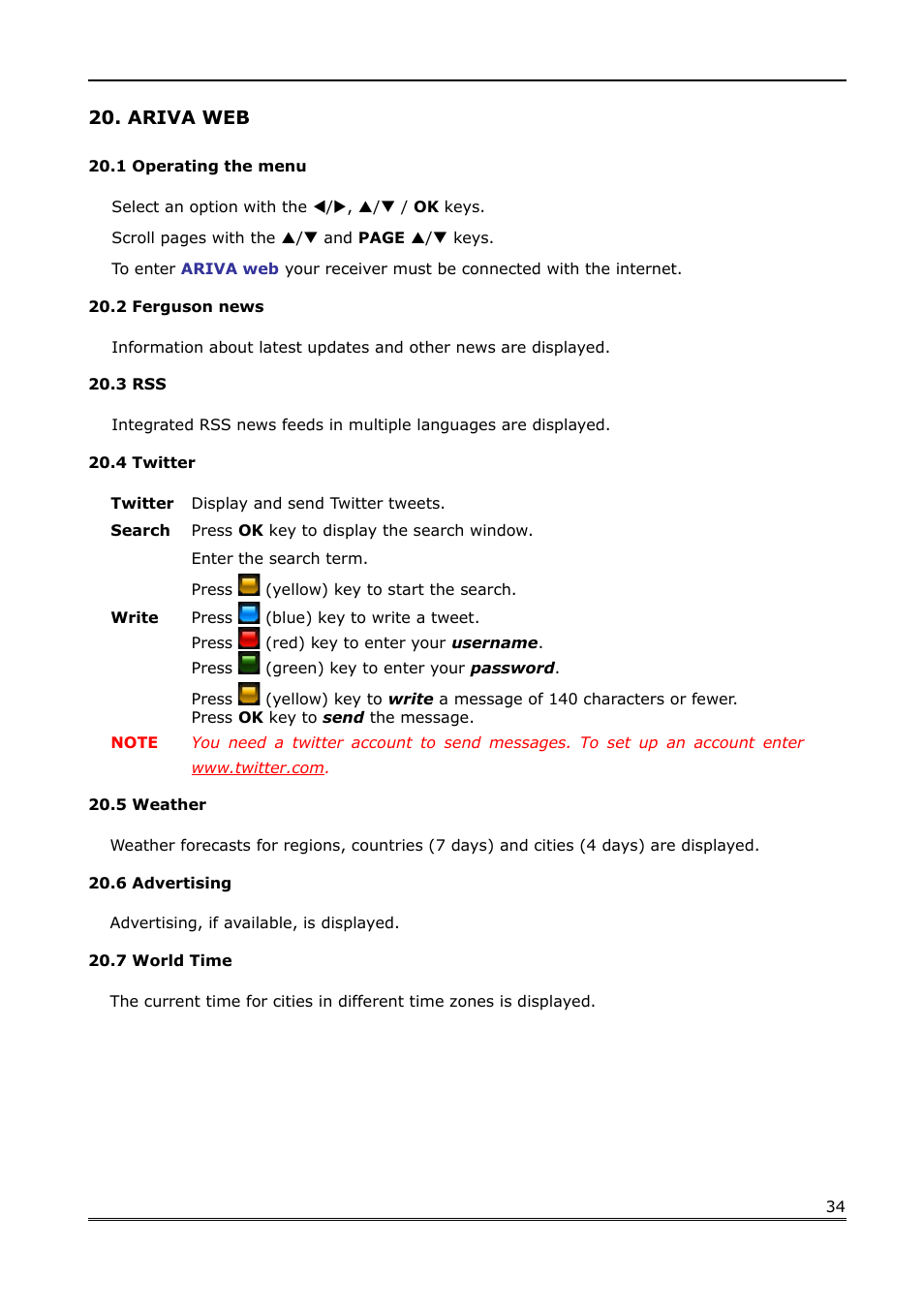 Ariva web, 1 operating the menu, 2 ferguson news | 3 rss, 4 twitter, 5 weather, 6 advertising, 7 world time | Ferguson Ariva Link TT User Manual | Page 34 / 39