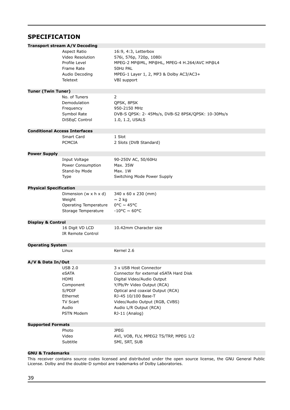 Specification | Ferguson Ariva Link TT User Manual | Page 39 / 39