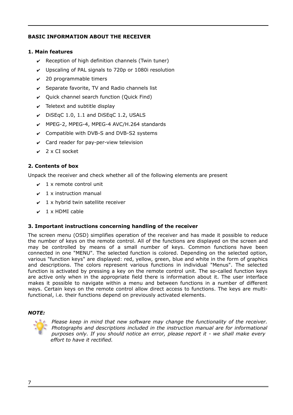Basic information about the receiver, Main features, Contents of box | Ferguson Ariva Link TT User Manual | Page 7 / 39
